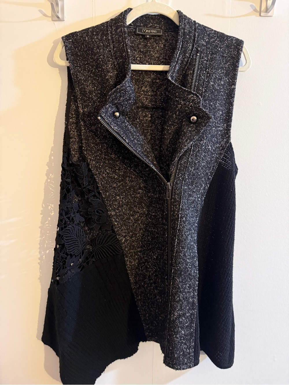 Minkas Black Metallic Mixed Media Lace Asymmetrical Vest Cardigan M